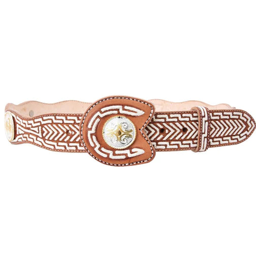 A traditional charro belt with white diamond pattern embroidery and a metallic buckle, primarily in brown and white colors.