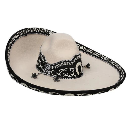 A traditional Mexican Sombrero Charro with a white brim and black detailing, featuring a decorative band and embroidered orphans.