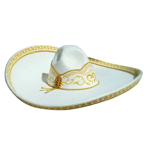 A traditional white sombrero with gold and multicolor floral pattern and trim, featuring a structured crown and a wide brim.
