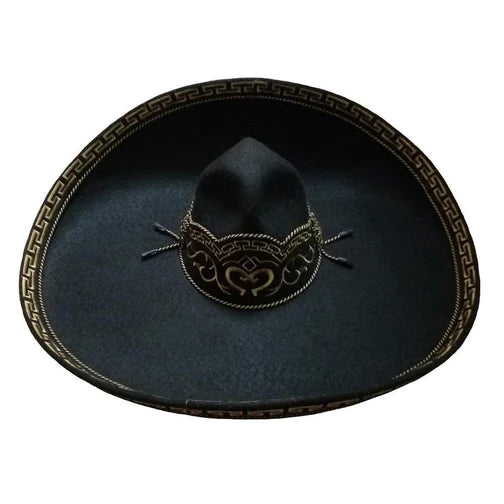 A traditional Mexican Sombrero Charro with a black color, decorative embroidery, and a structured shape.