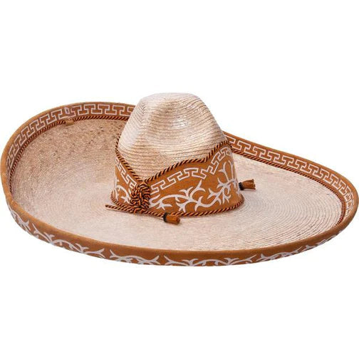 A traditional Mexican sombrero with a white brim and beige crown, featuring a white diamond pattern and a decorative band.