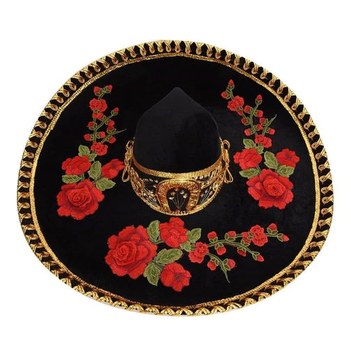Sombrero charro negro con flores rojas bordadas hecho a mano