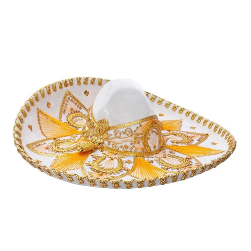 A traditional Mexican Charro sombrero with a white copa, decorated with golden and multicolored (red, green, yellow) floral embroidery and a wide brim.
