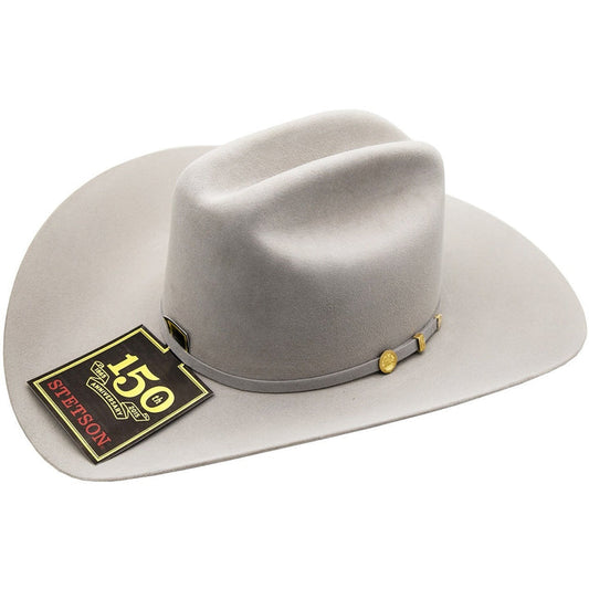 A mist gray Stetson cowboy hat with a 10K gold three-piece buckle set on the band, including the Stetson crest emblem.