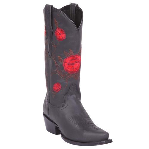 El General Red Rose Black Snip Toe Cowgirl Boots